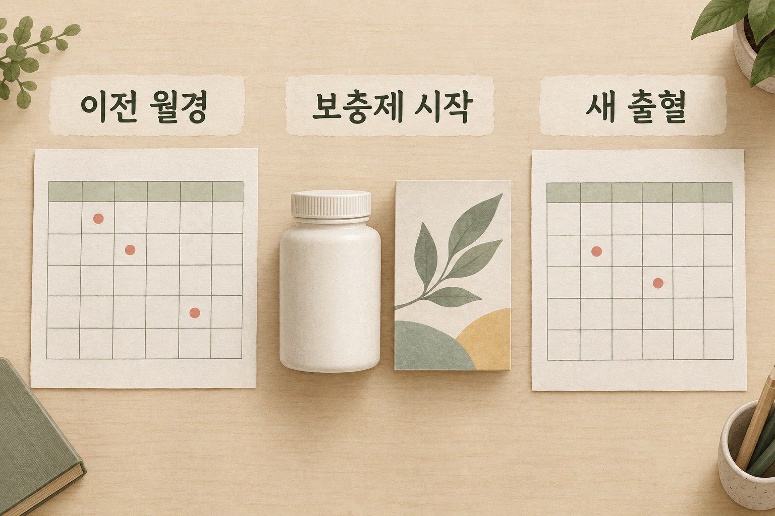 이전 월경 기록, 보충제 시작 정보, 새 출혈 기록을 별도로 놓고 비교하는 그림