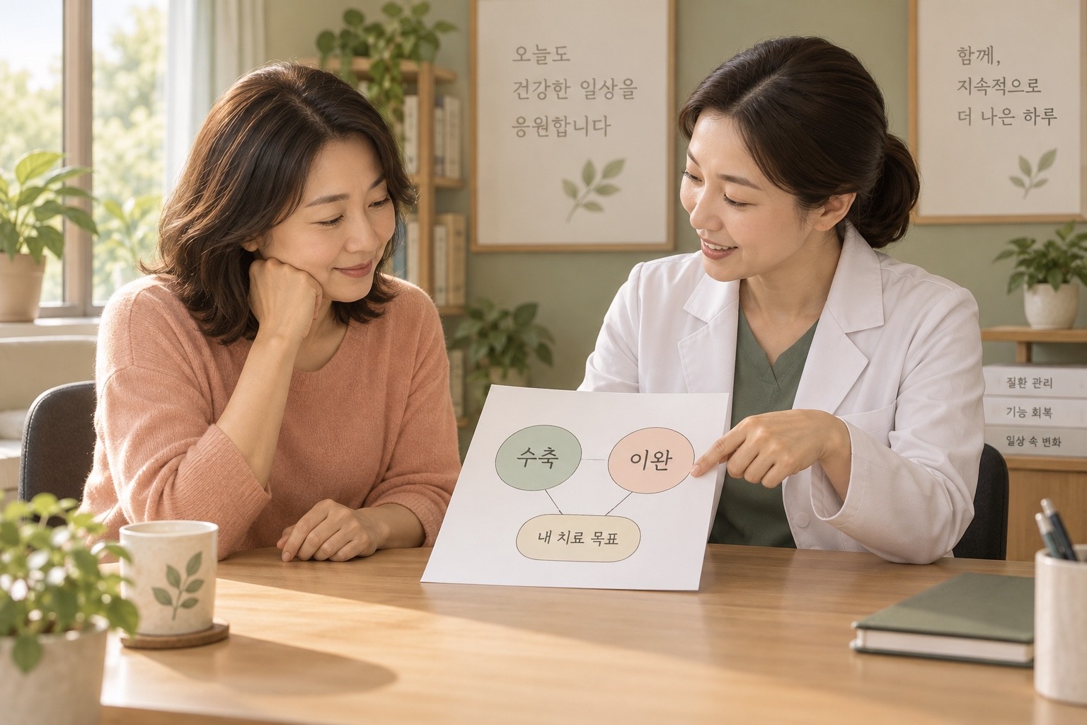 환자와 치료자가 수축·이완 능력과 개인의 치료 목표가 적힌 한 프로그램을 함께 설명하는 상담 삽화