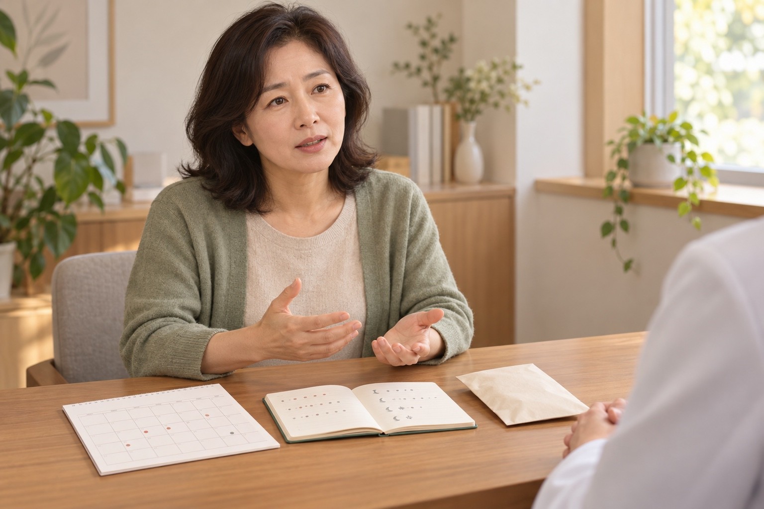 월경 달력과 수면·열감 증상 노트, 현재 약 봉투를 펼쳐 진료에서 이야기하는 중년 여성