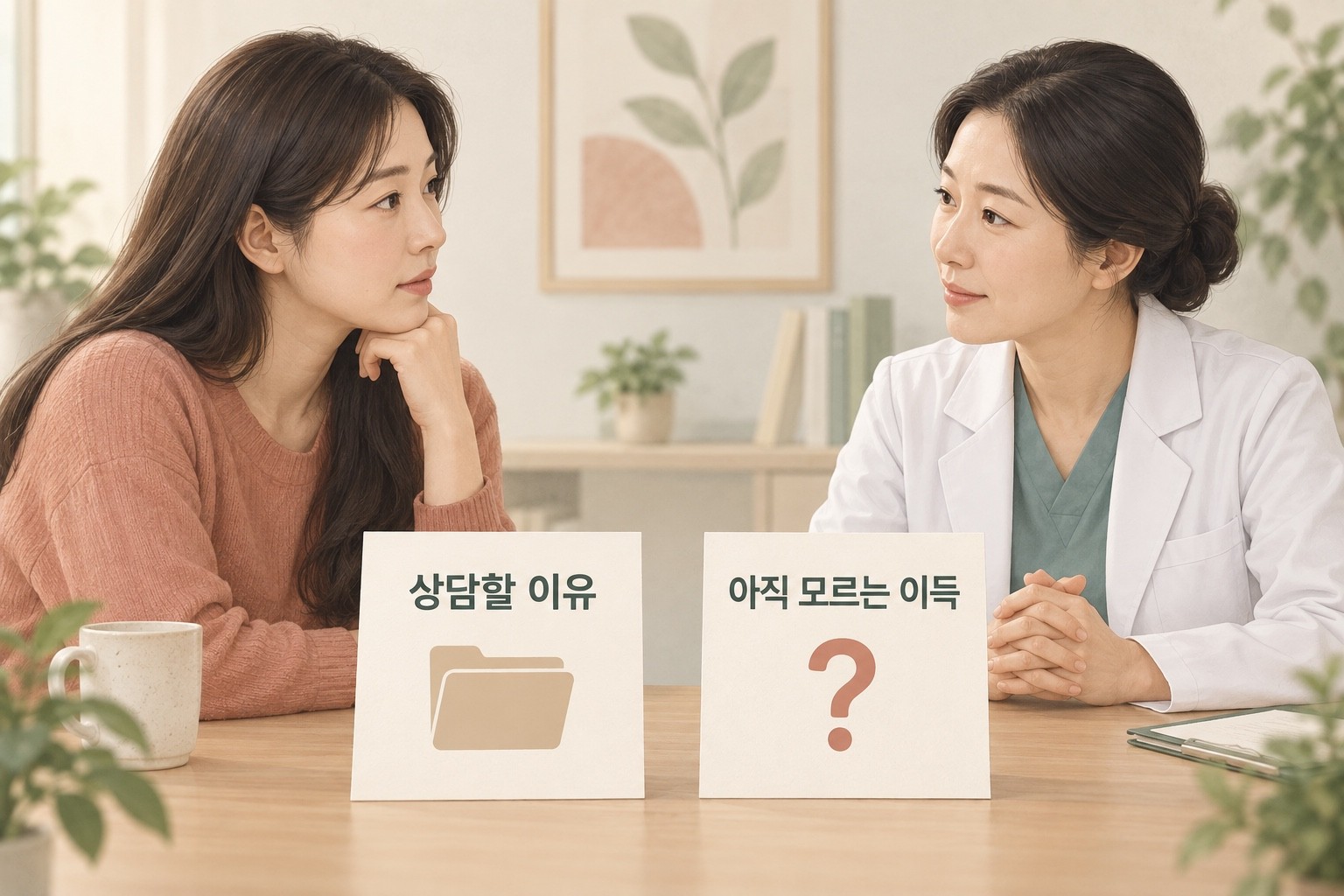 난소 내막증의 보존 상담에서 상담할 이유와 아직 모르는 이득을 나눠 이야기하는 여성과 의료진의 생성 삽화
