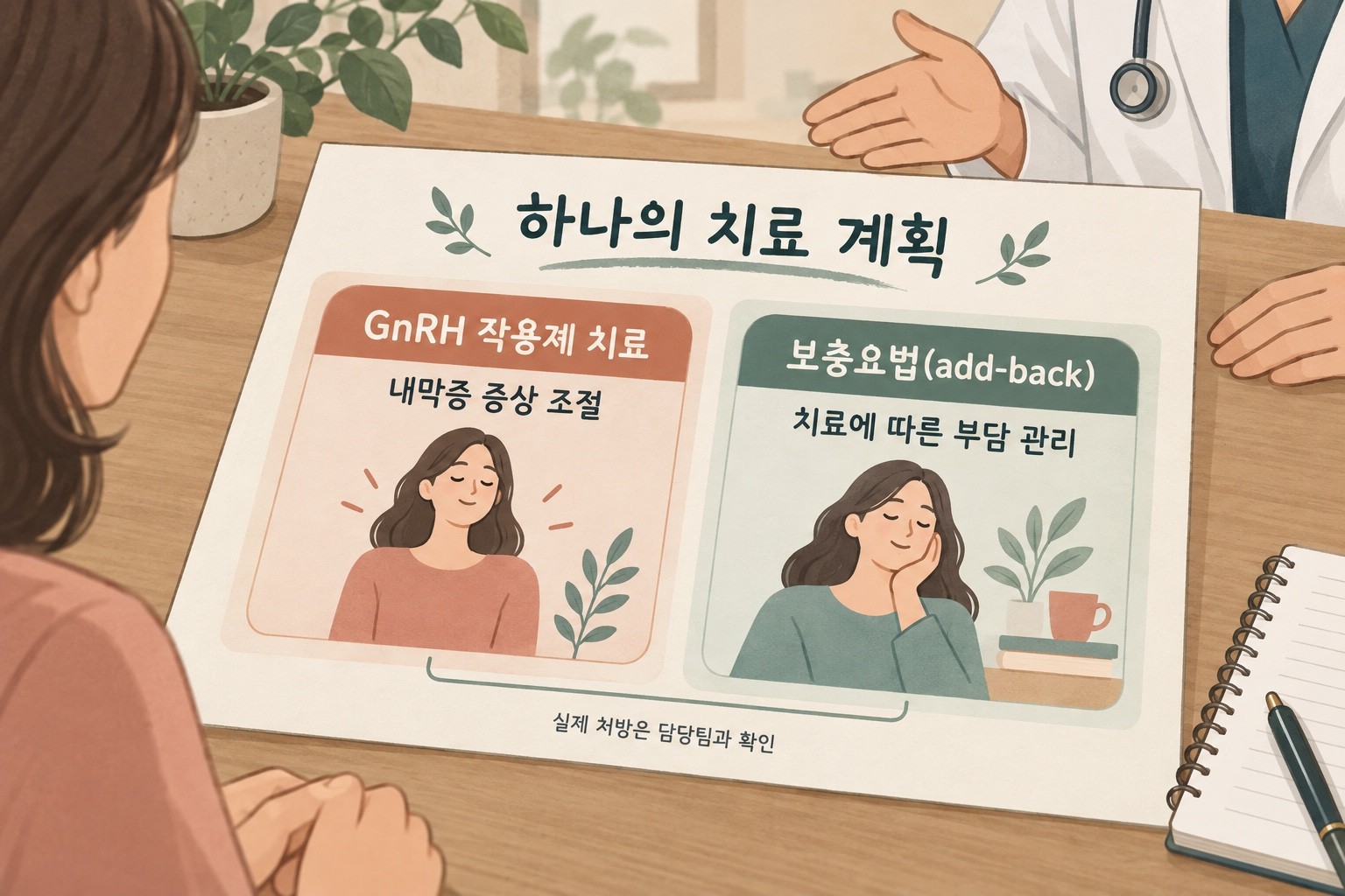 하나의 치료 계획 안에서 GnRH 작용제의 내막증 증상 조절 목적과 add-back 보충요법의 치료 부담 관리 목적을 나누어 설명하는 가상 삽화