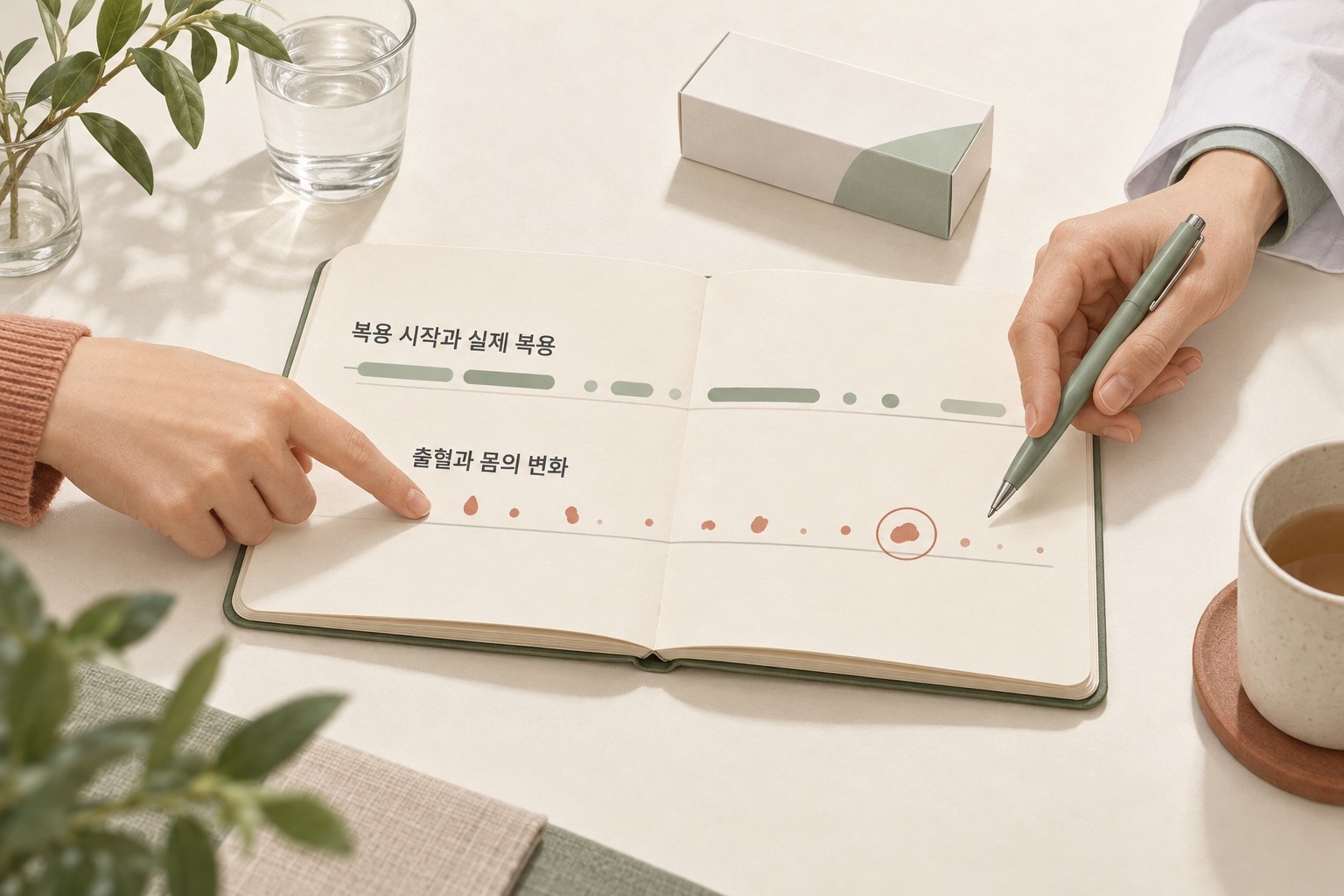 복용 시작과 실제 복용, 출혈과 몸의 변화를 두 줄로 나란히 살피는 상담 그림