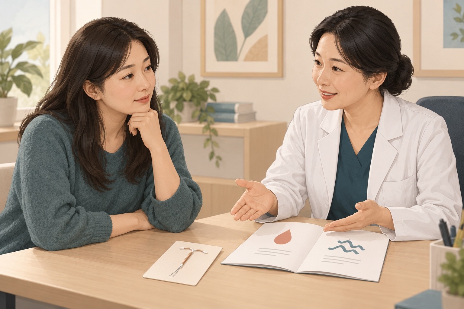 자궁내장치가 놓인 카드와 출혈·통증 상담 자료를 앞에 두고 치료 선호를 상의하는 환자와 의료진