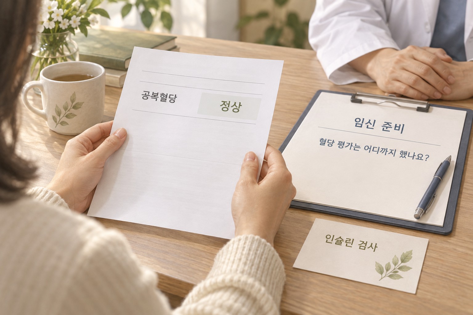 정상 공복혈당 결과지와 임신 준비에서 혈당 평가의 범위를 묻는 상담 메모, 별도로 놓인 인슐린 검사 카드