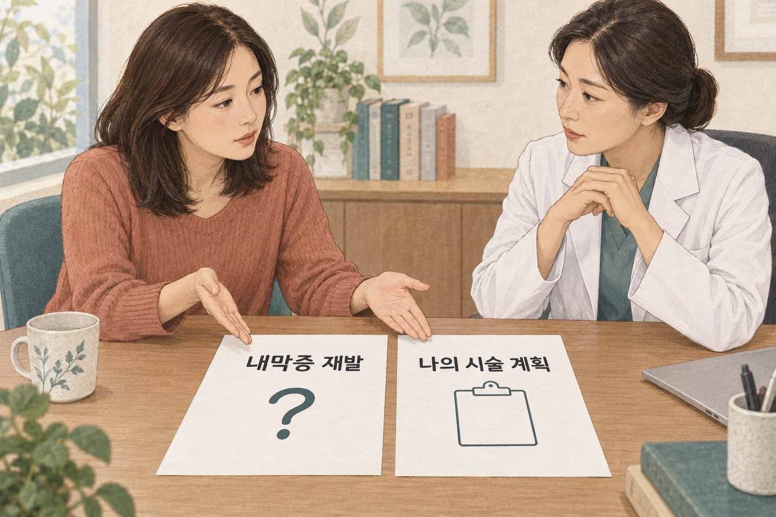 내막증 재발에 관한 질문과 나의 시술 계획에 관한 질문을 따로 놓고 상담하는 여성과 의료진