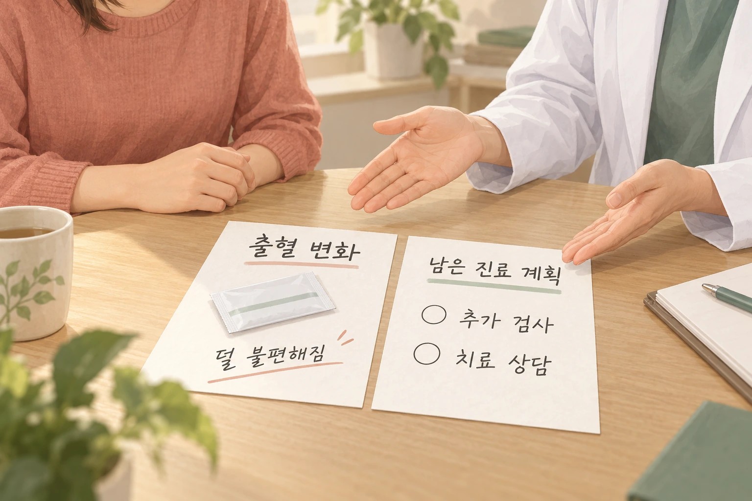 출혈이 덜 불편해진 변화와 아직 남은 추가 검사·치료 상담을 두 장의 종이로 함께 확인하는 상담 장면