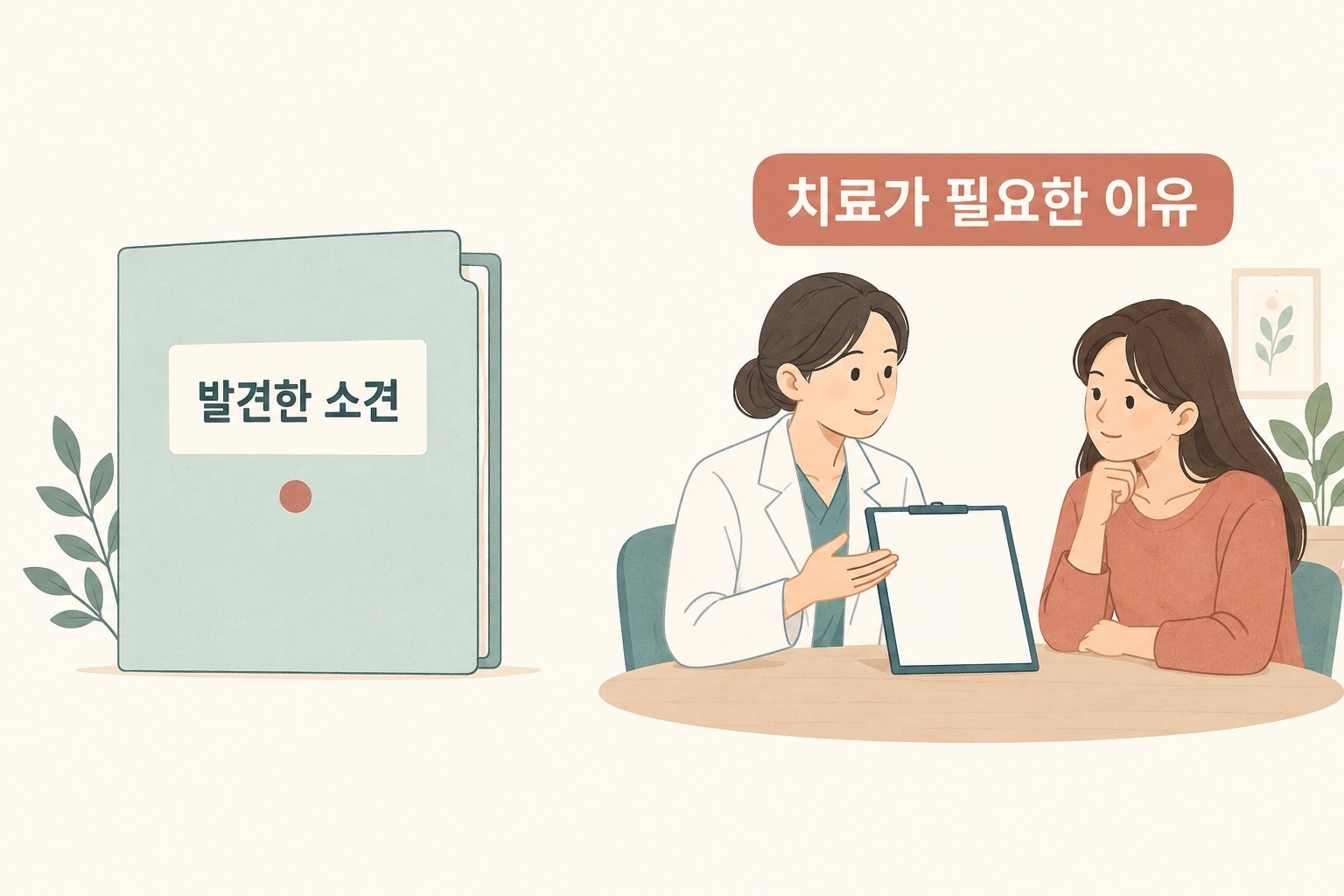 발견한 소견 폴더와 치료가 필요한 이유를 상담하는 장면을 따로 배치한 그림