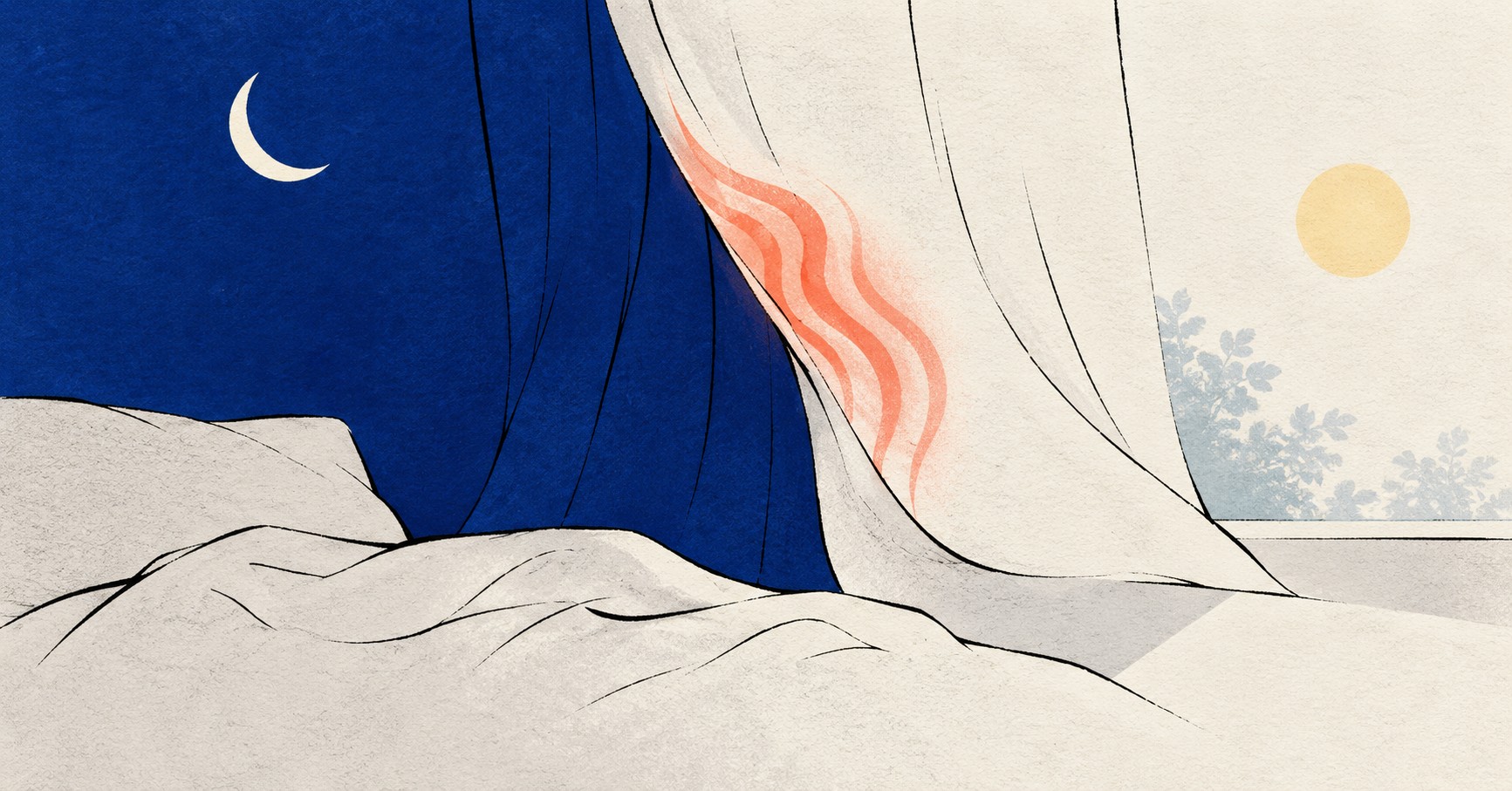 밤의 푸른 천이 열감의 붉은 결에 끊기고 아침의 밝은 천으로 이어지는 상징적 임상 일러스트