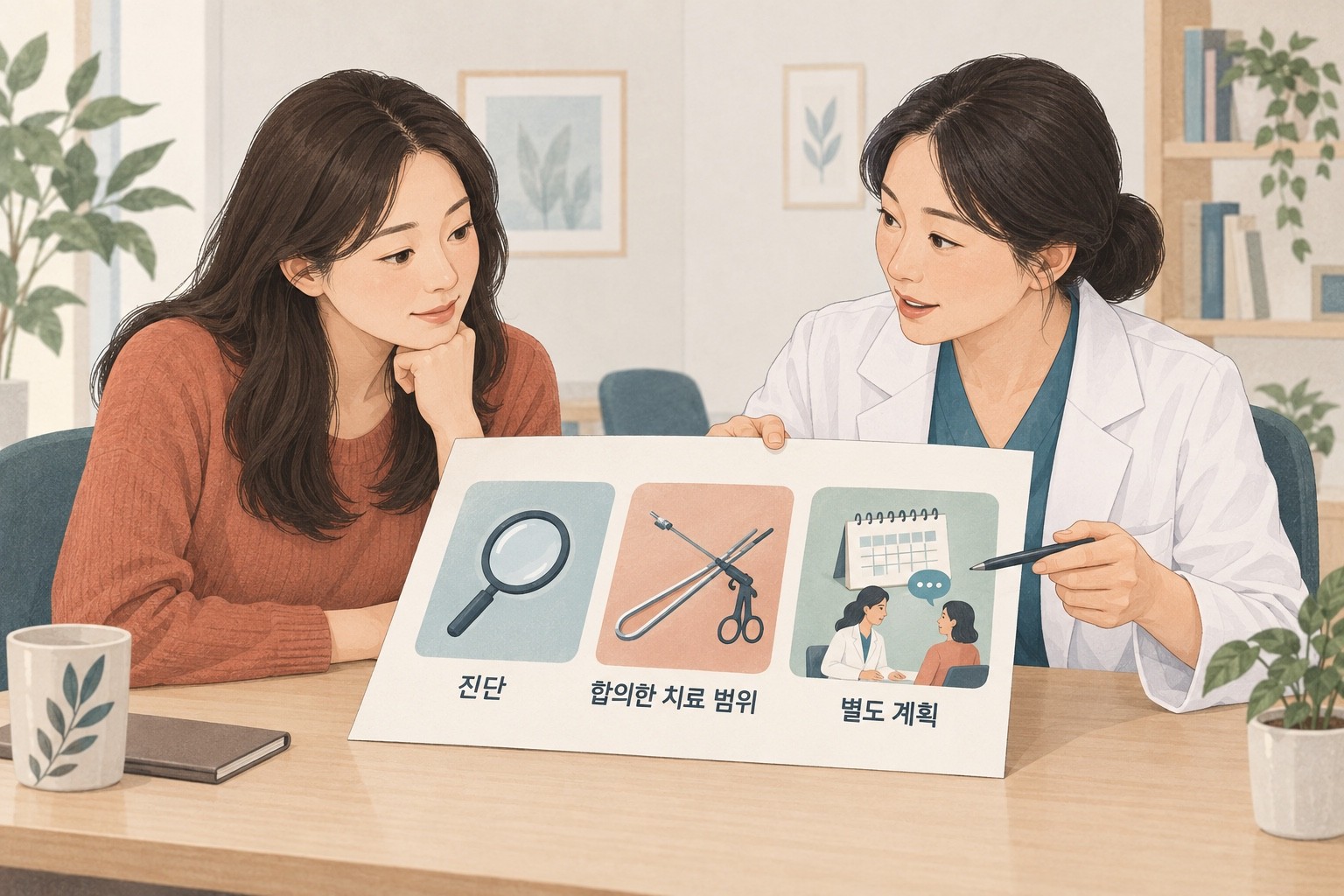 환자와 의료진이 진단, 합의한 치료 범위, 별도 계획을 함께 설명하는 복강경 전 상담 그림