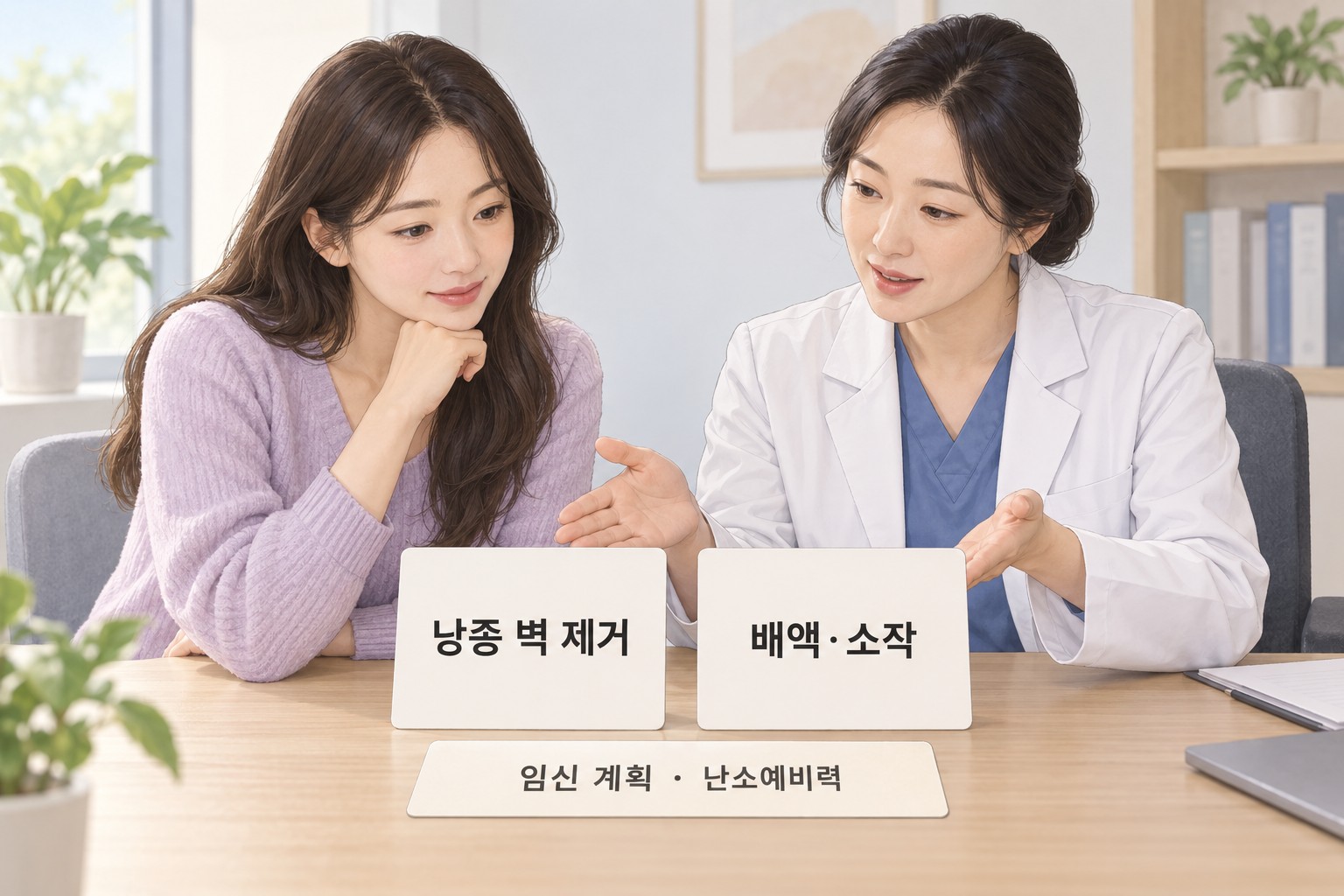 환자와 의료진이 낭종 벽 제거와 배액·소작 두 방법을 임신 계획·난소예비력과 함께 논의하는 모습
