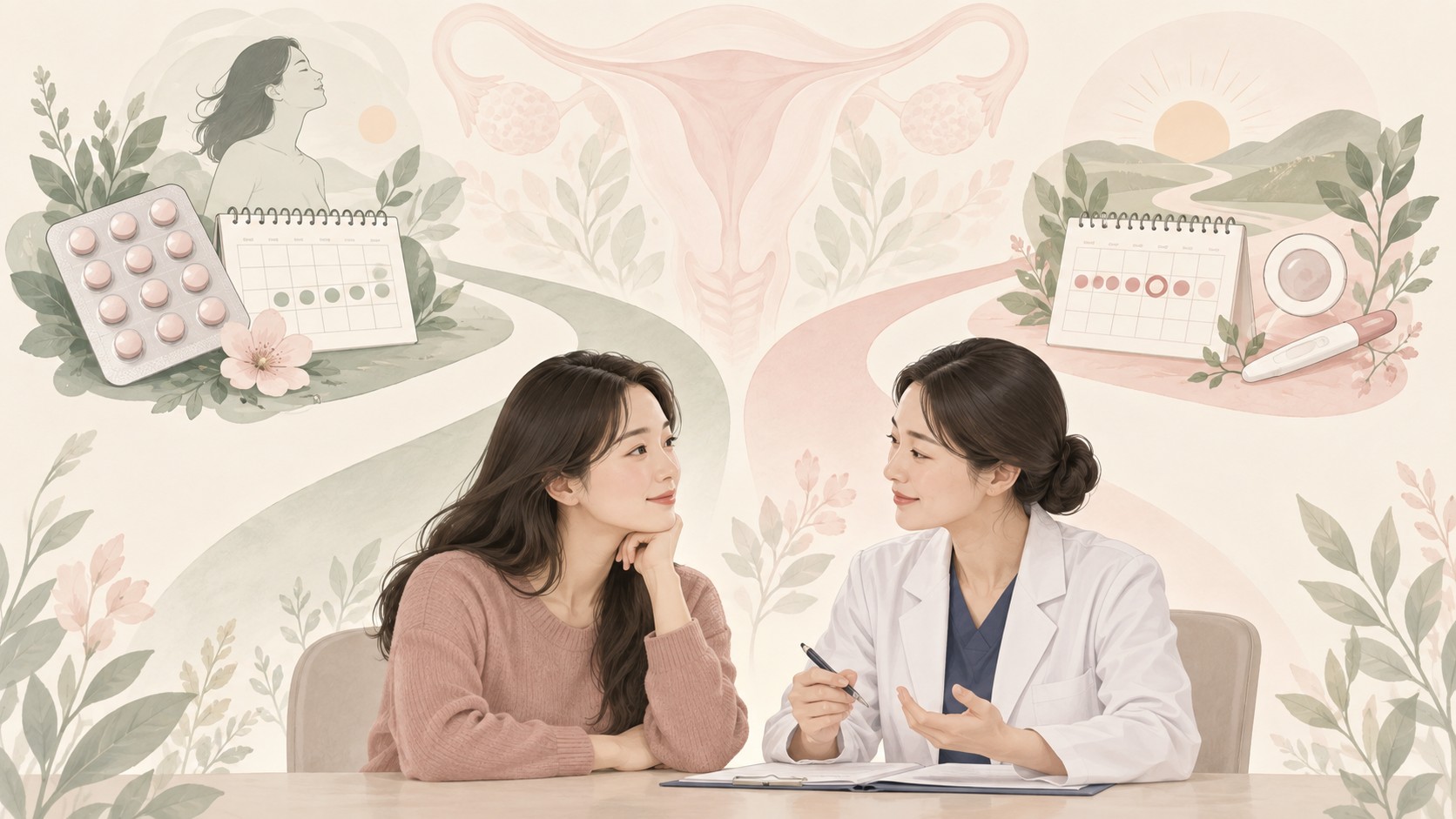 여성 환자와 의료진이 자궁내막증 통증 억제 경로와 임신 준비 경로를 나눠 상담하는 일러스트