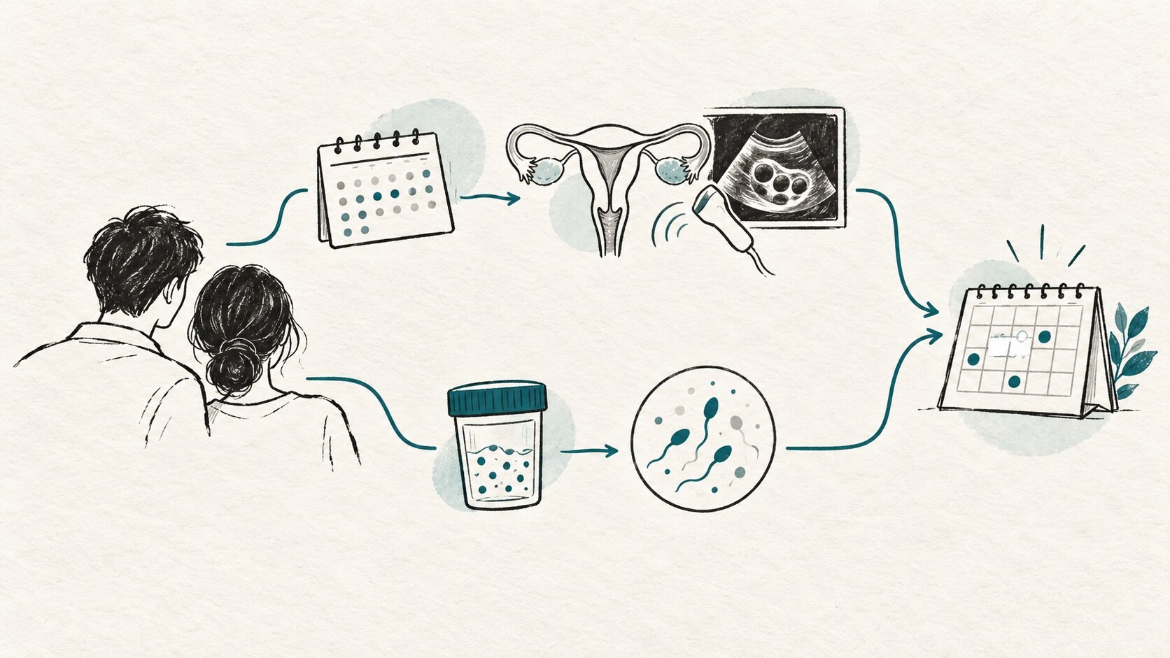 월경과 자궁·난관 평가, 정액검사가 두 경로로 출발해 하나의 진료 일정표로 이어지는 펜 드로잉