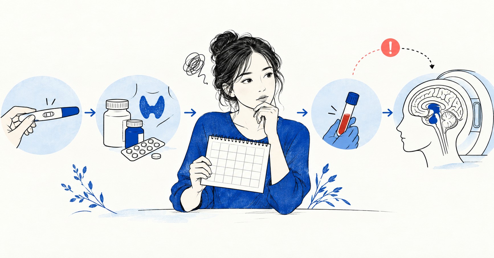 무월경에서 임신 확인, 약물과 갑상선 검토, 프로락틴 재검, 필요 시 MRI로 이어지는 단계별 의료 일러스트