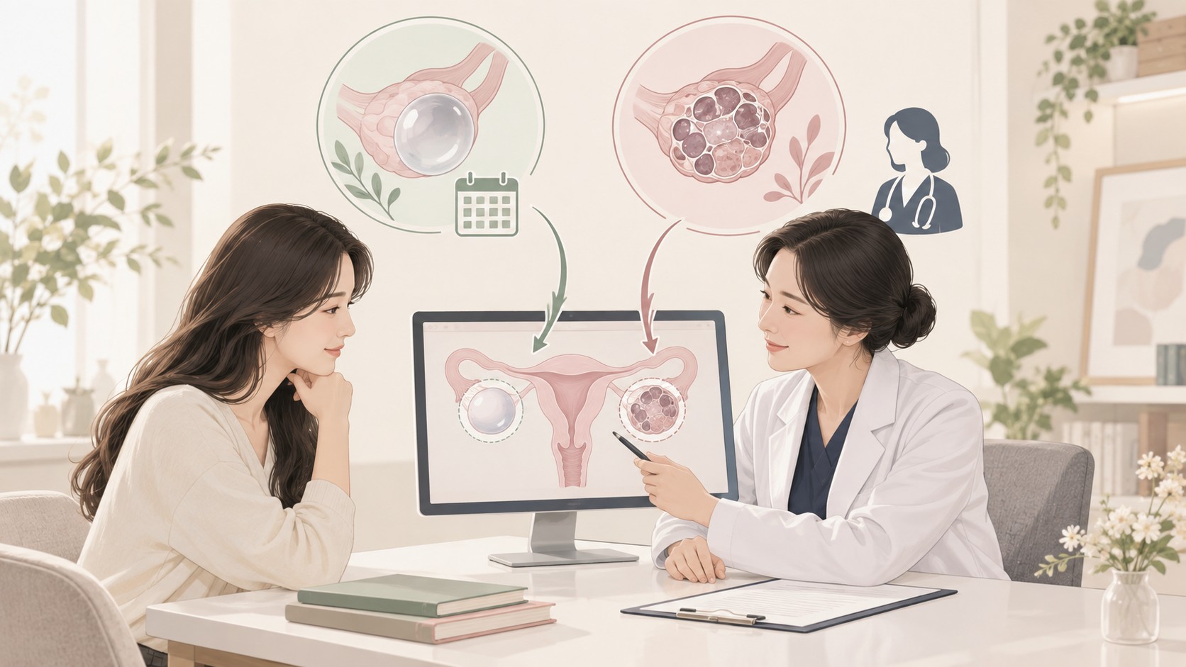 여성 환자와 의료진이 단순한 난소낭종과 복합 소견의 추적 경로를 비교하는 임상 일러스트