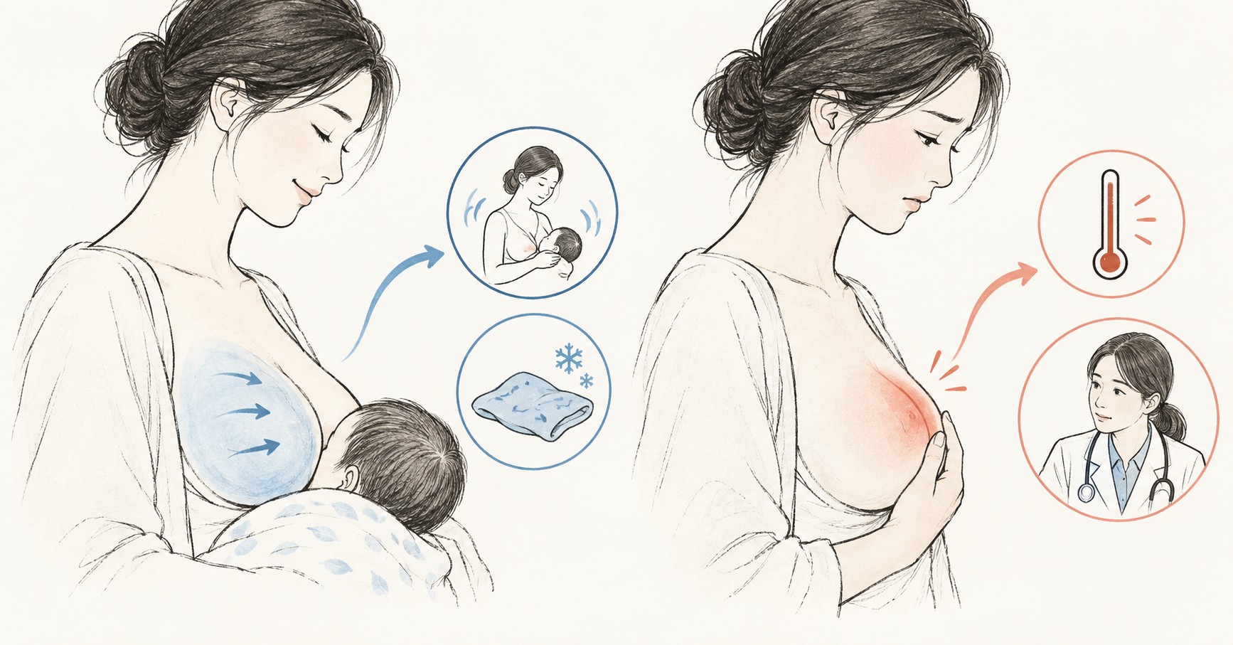 양쪽 전체 울혈과 한쪽 국소 유방염 경고 신호를 나누어 보여주는 수유기 유방 통증 판단도