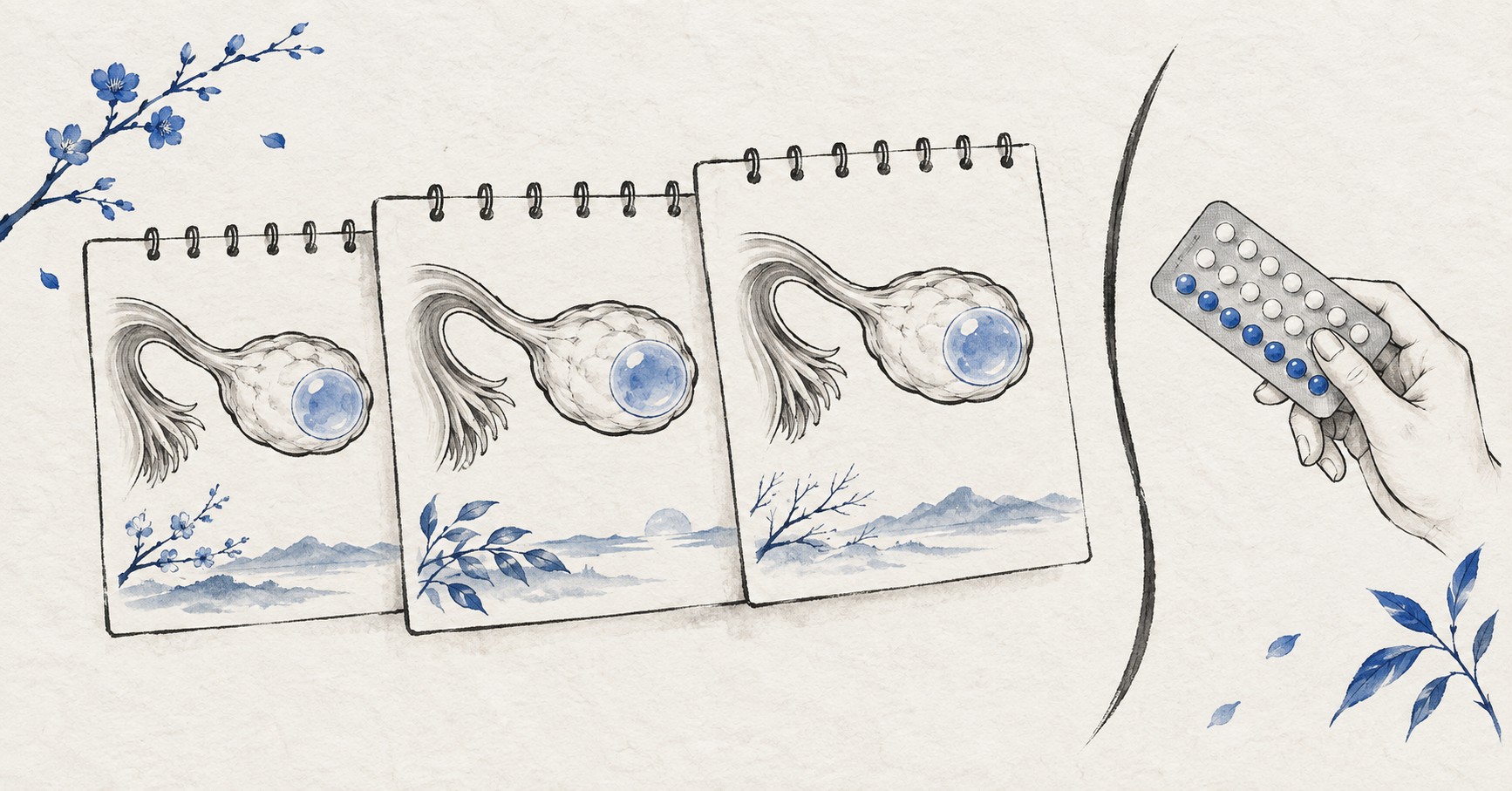 세 주기 동안 같은 단순 난소낭종을 관찰하는 달력과 경계선 밖 피임약을 그린 그림