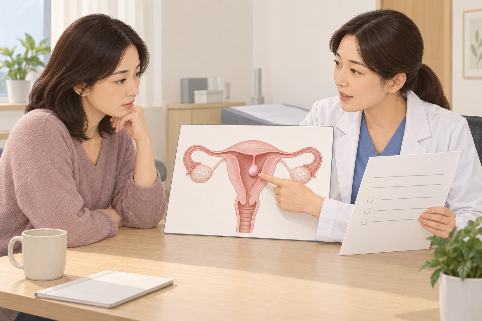 자궁강 쪽 근종을 나타낸 설명 그림과 별도의 시술 계획서를 보며 상담하는 가상 장면