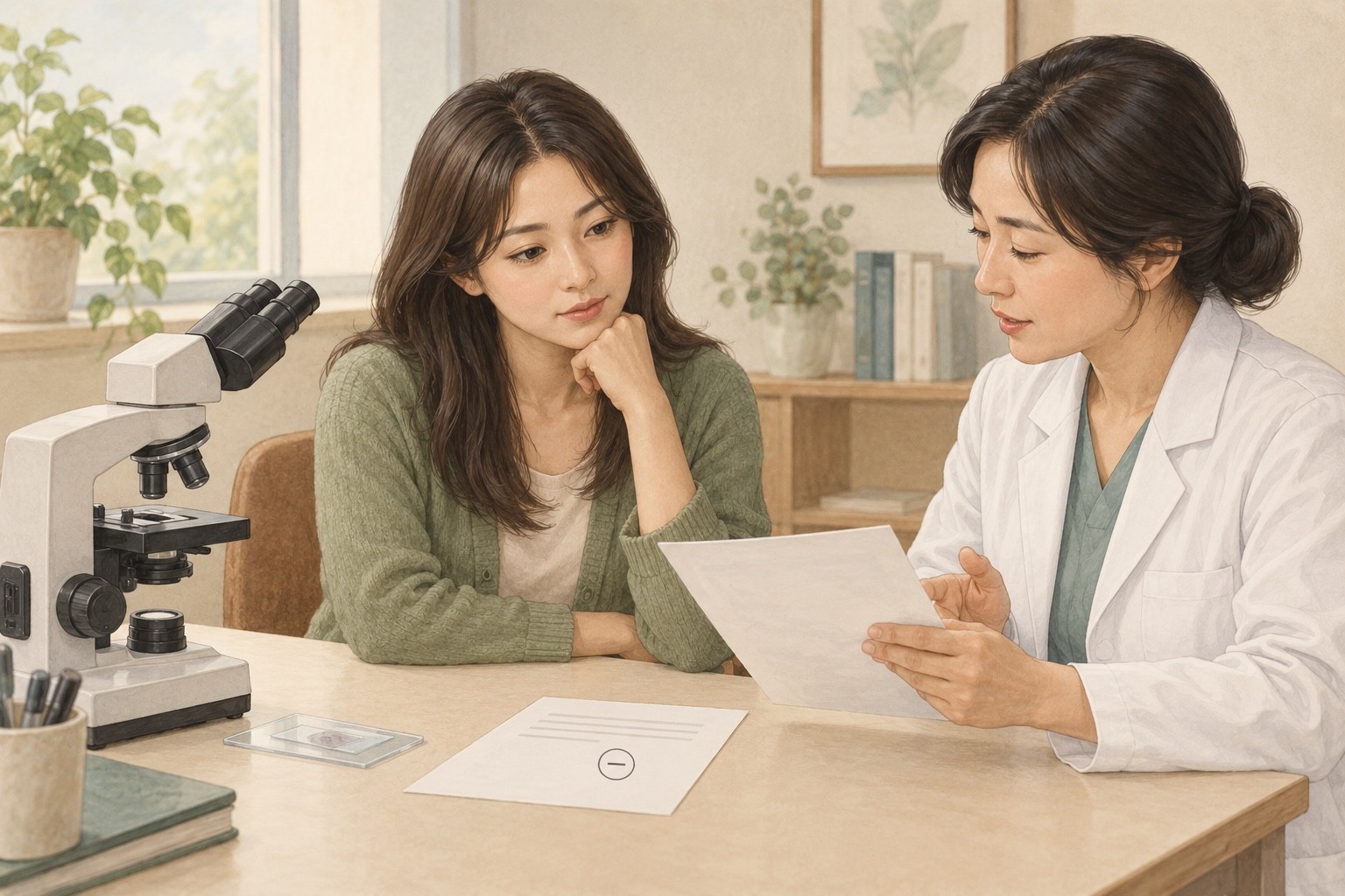 현미경과 검사 보고서 옆에서 계속되는 분비물과 검사 방법을 의논하는 여성과 의료진의 가상 장면