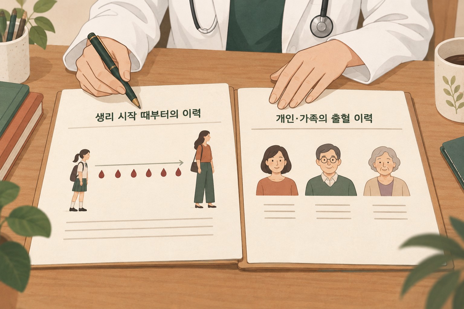 초경부터 이어진 생리 이력과 개인·가족의 출혈 이력을 나란히 놓고 진료에서 확인하는 모습