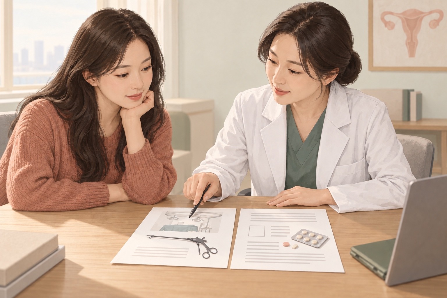 환자와 의료진이 수술 기록과 이후 치료 계획을 나란히 놓고 설명하는 모습