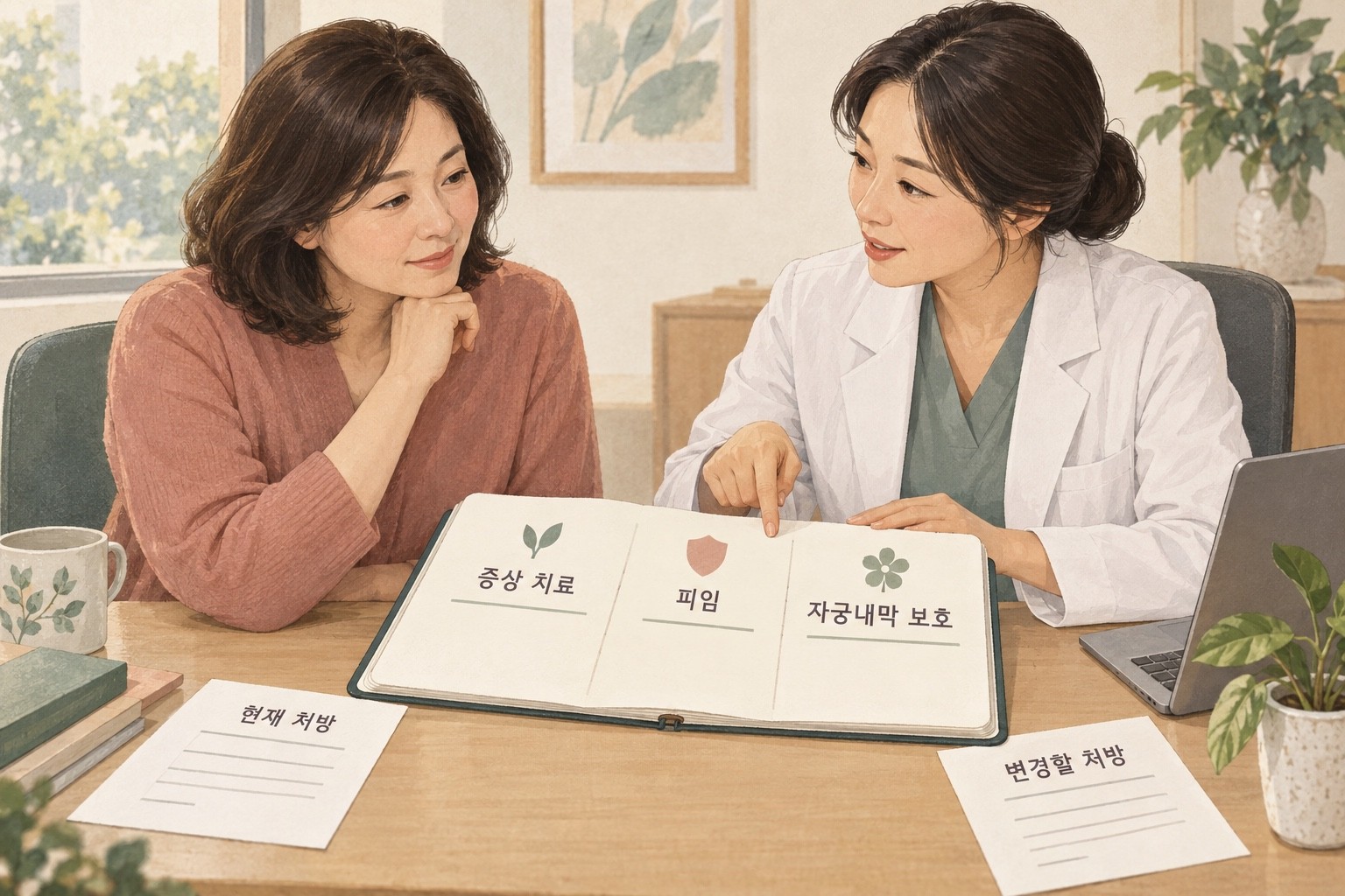 진료실에서 기존 피임약과 새 호르몬치료 처방을 놓고 증상 치료, 피임, 필요한 자궁내막 보호를 각각 확인하는 모습