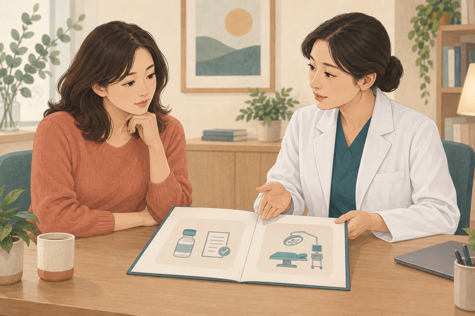 환자와 의료진이 한 수술 계획 안의 약물 준비 단계와 수술 단계를 나누어 설명하는 상담 그림