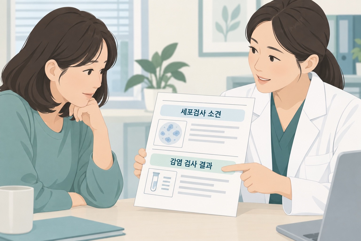 환자와 의료진이 결과지에서 세포검사 소견과 감염 검사 결과를 구분해 읽는 모습