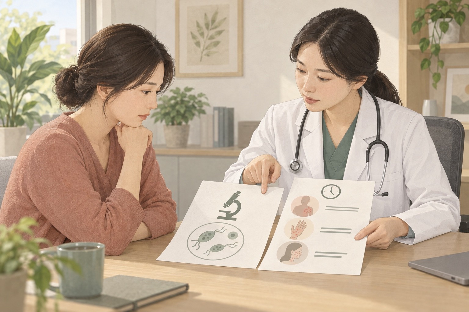 의료진과 여성이 트리코모나스 검사 결과와 과거 약물 반응 기록을 함께 살피는 가상 상담 장면