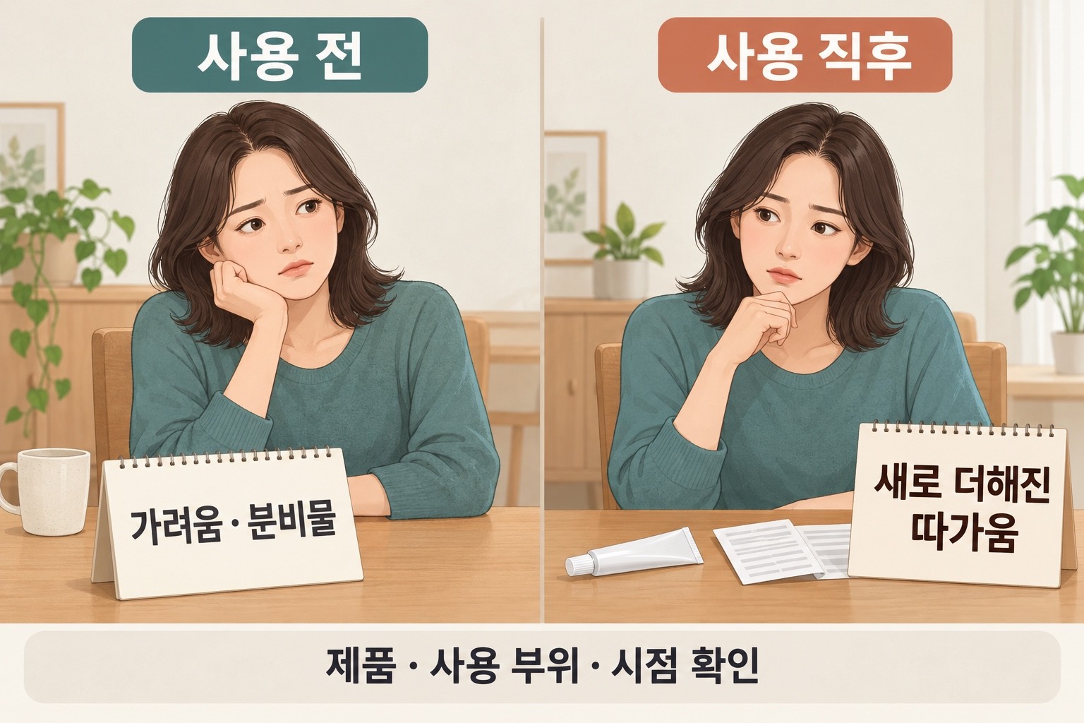 사용 전 가려움·분비물과 사용 직후 새로 더해진 따가움을 나란히 비교하는 그림