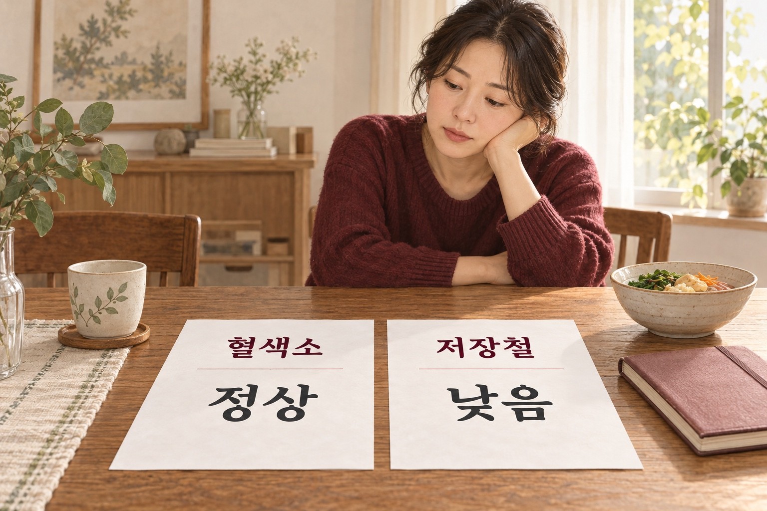 식탁에 앉은 여성 앞에 놓인 혈색소 정상과 저장철 낮음 결과 두 장