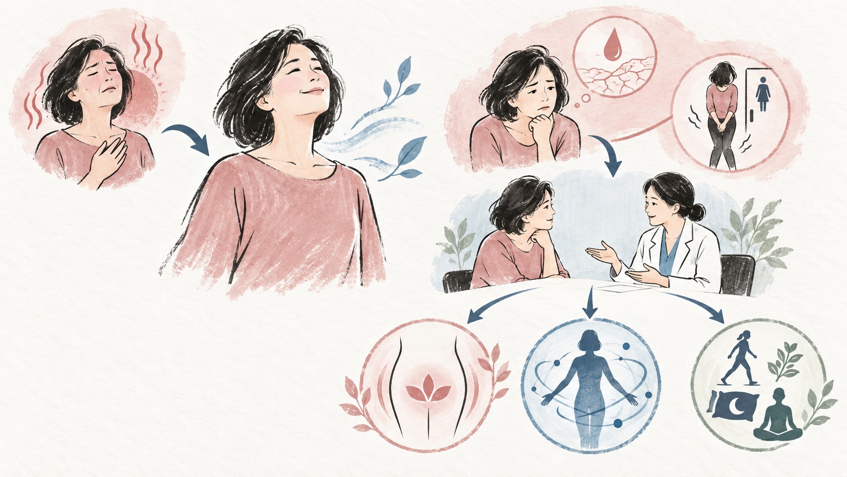 갱년기 열감 호전과 별개로 질건조·빈뇨를 평가해 국소·전신·보조 치료로 나누는 판단 흐름