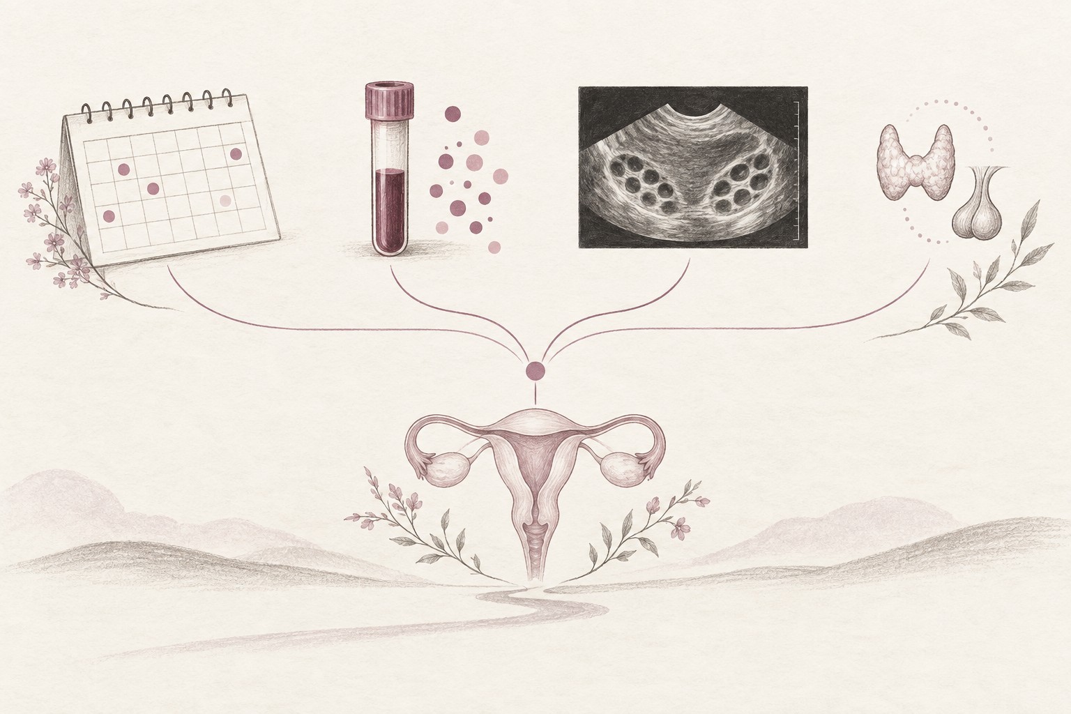 월경 달력과 혈액검사, 난소 초음파, 갑상선 확인 경로가 하나의 PCOS 진단 판단점으로 모이는 임상 일러스트