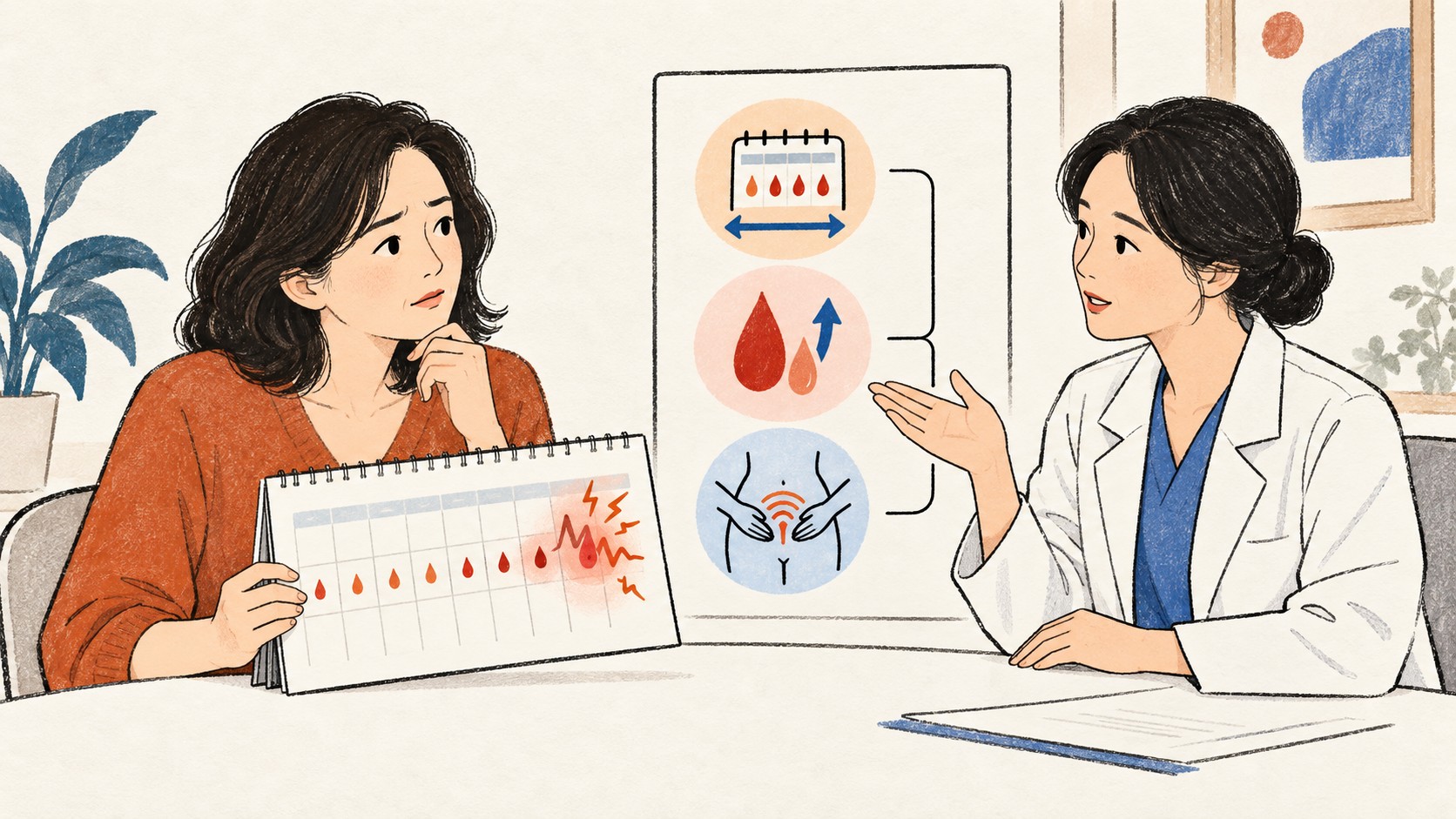 40대 여성이 달력의 새로 시작된 생리통과 출혈 변화, 골반 증상을 확인하는 의료 일러스트