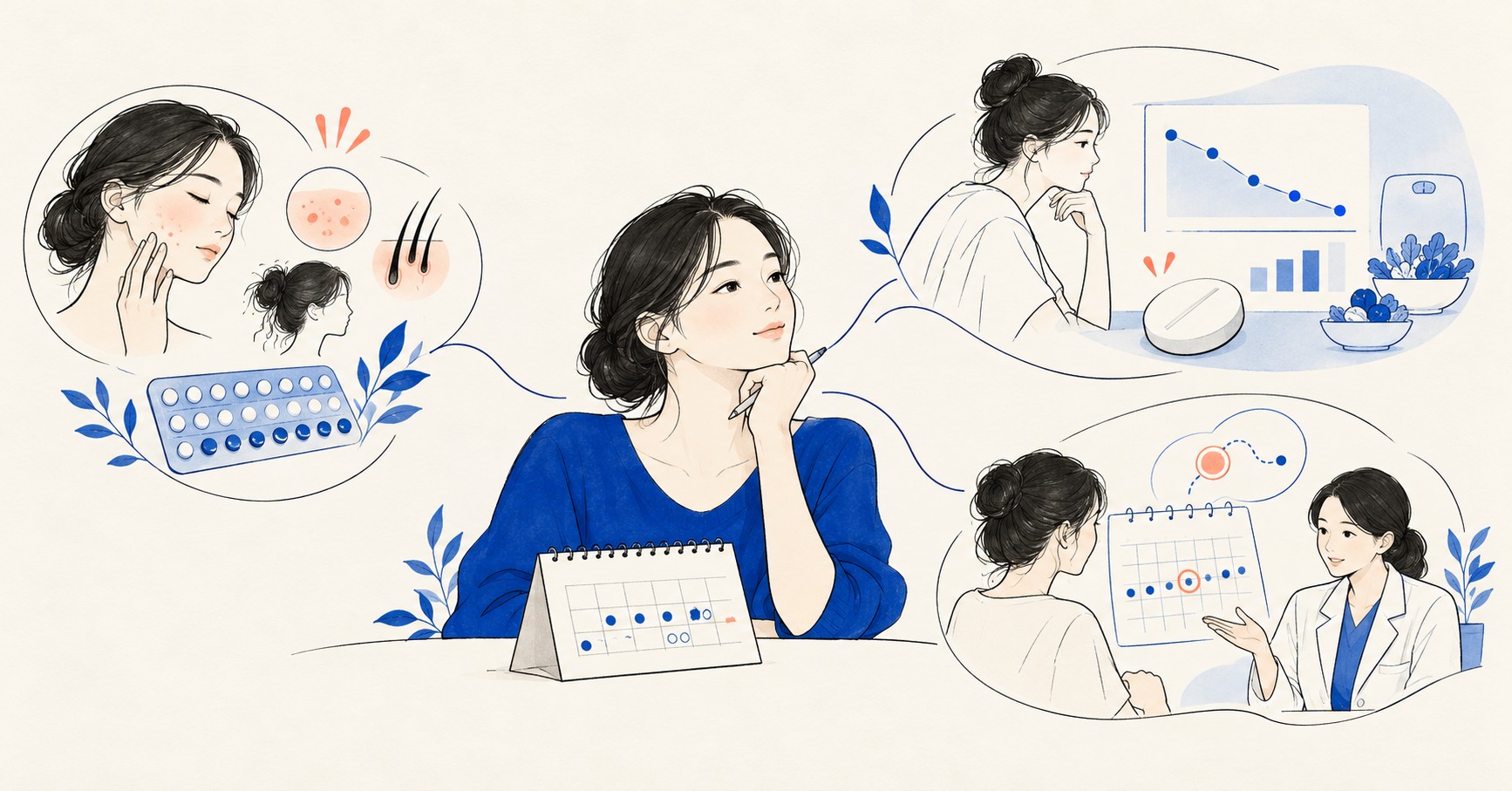 PCOS 치료 목표를 생리·피부 증상, 대사 관리, 임신 계획의 세 갈래로 나눈 의료 일러스트