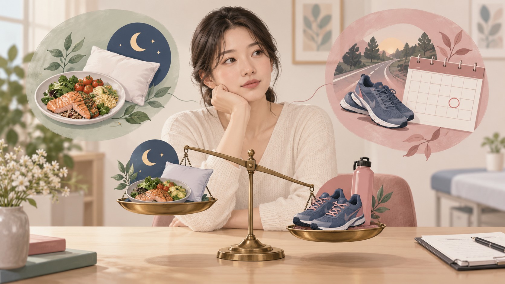 식사와 수면, 운동량 사이의 에너지 균형을 저울로 살피는 여성