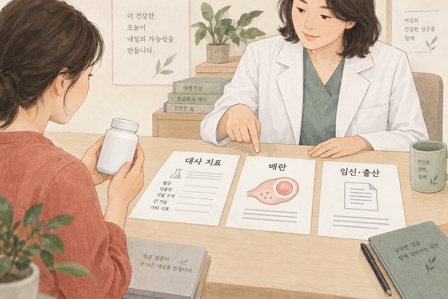 이노시톨 상담에서 대사 지표, 배란, 임신·출산을 서로 다른 결과로 나누어 살피는 개념 그림
