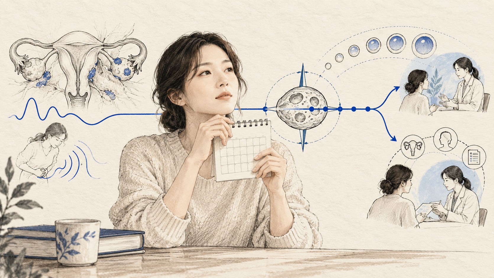 자궁내막증 통증과 난소예비력, 임신 일정이 하나의 달력에서 수술과 난임진료 경로로 나뉘는 의료 일러스트