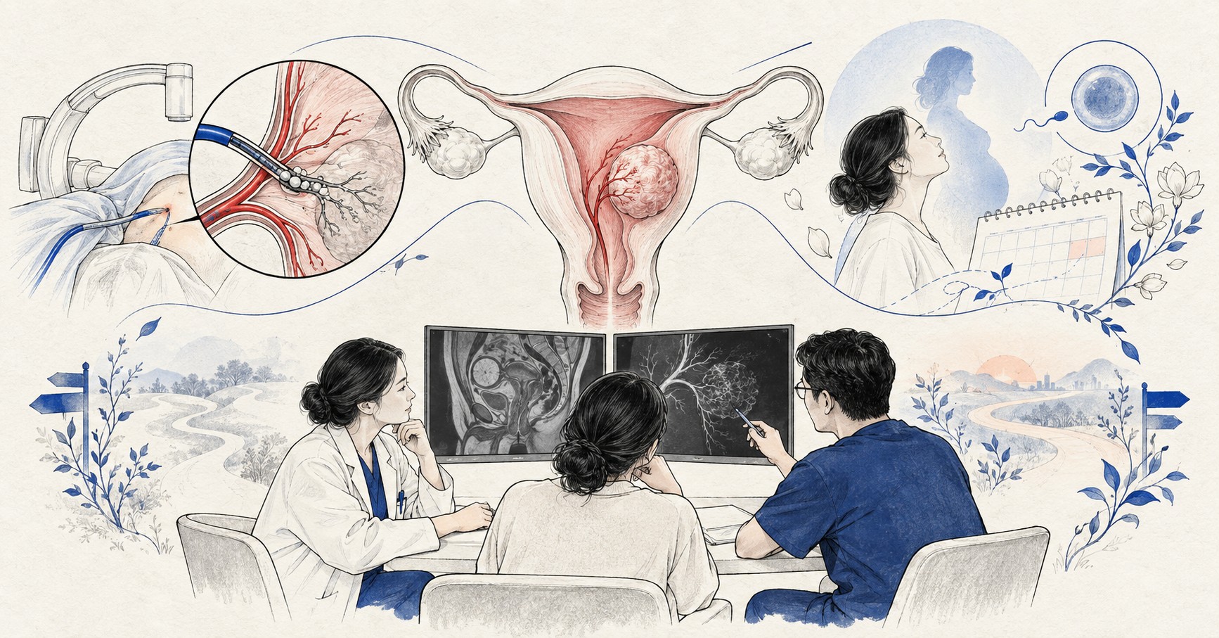 자궁근종과 색전술, 미래 임신 계획을 환자·산부인과·중재영상의학과가 함께 비교하는 의료 일러스트