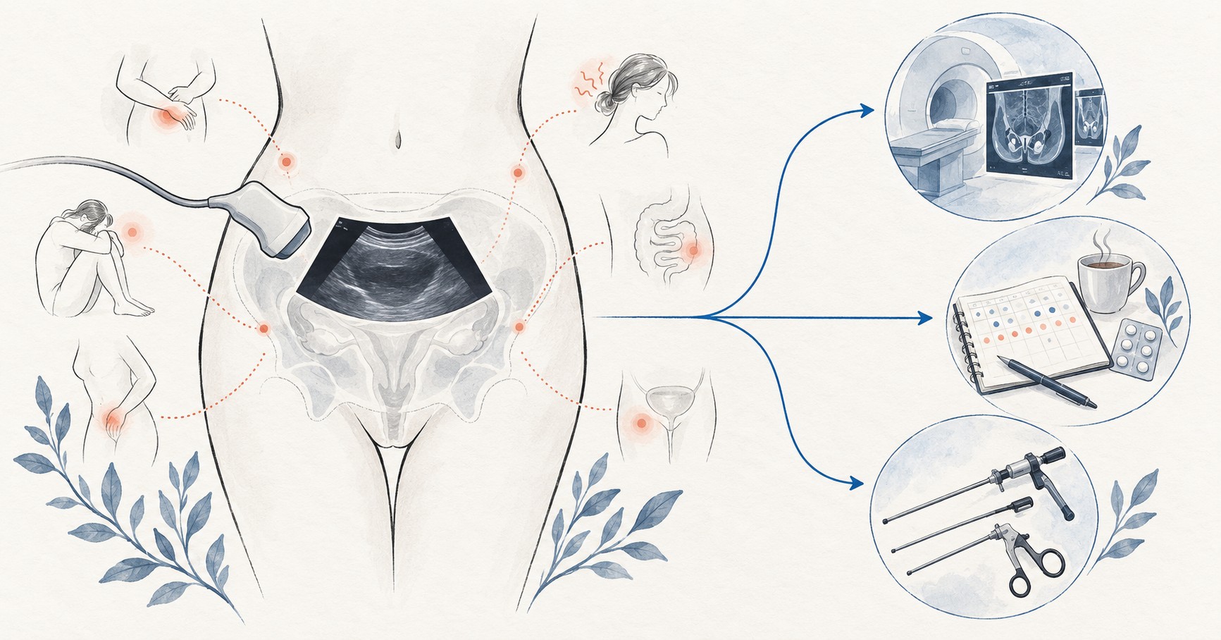 정상 초음파 이후 통증 시간표와 임신 계획에 따라 전문 초음파, MRI, 복강경을 선택하는 자궁내막증 검사 판단도