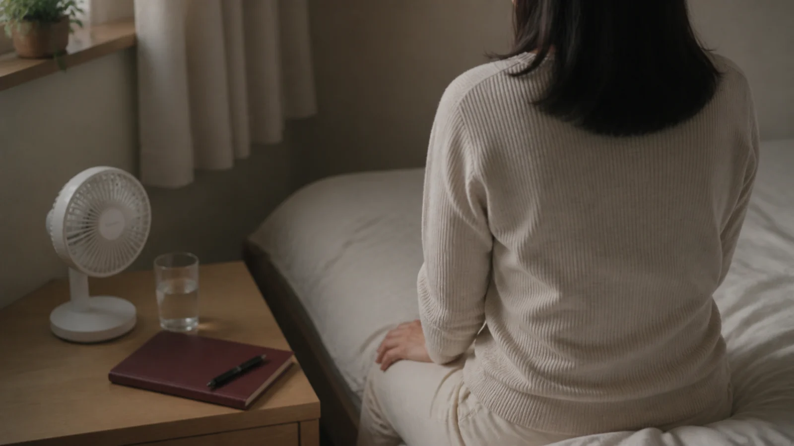 얼굴이 전혀 보이지 않는 중년 한국 여성이 새벽 침대 가장자리에서 홍조·수면 기록을 남기는 뒷모습